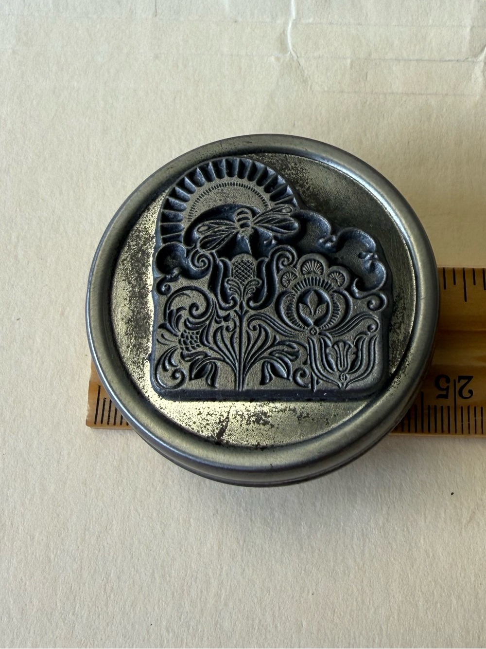 Decorative Metal Trinket Box with Ornate Floral and Bee Lid.